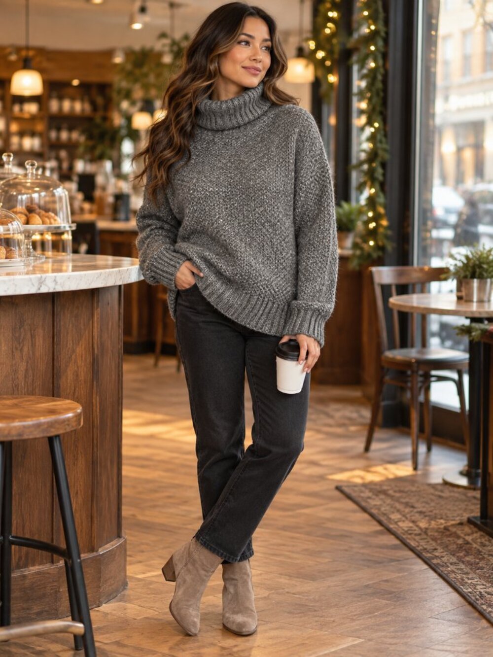 DKNY Gray Mohair Wool Blend Chunky Turtleneck Sweater Size S